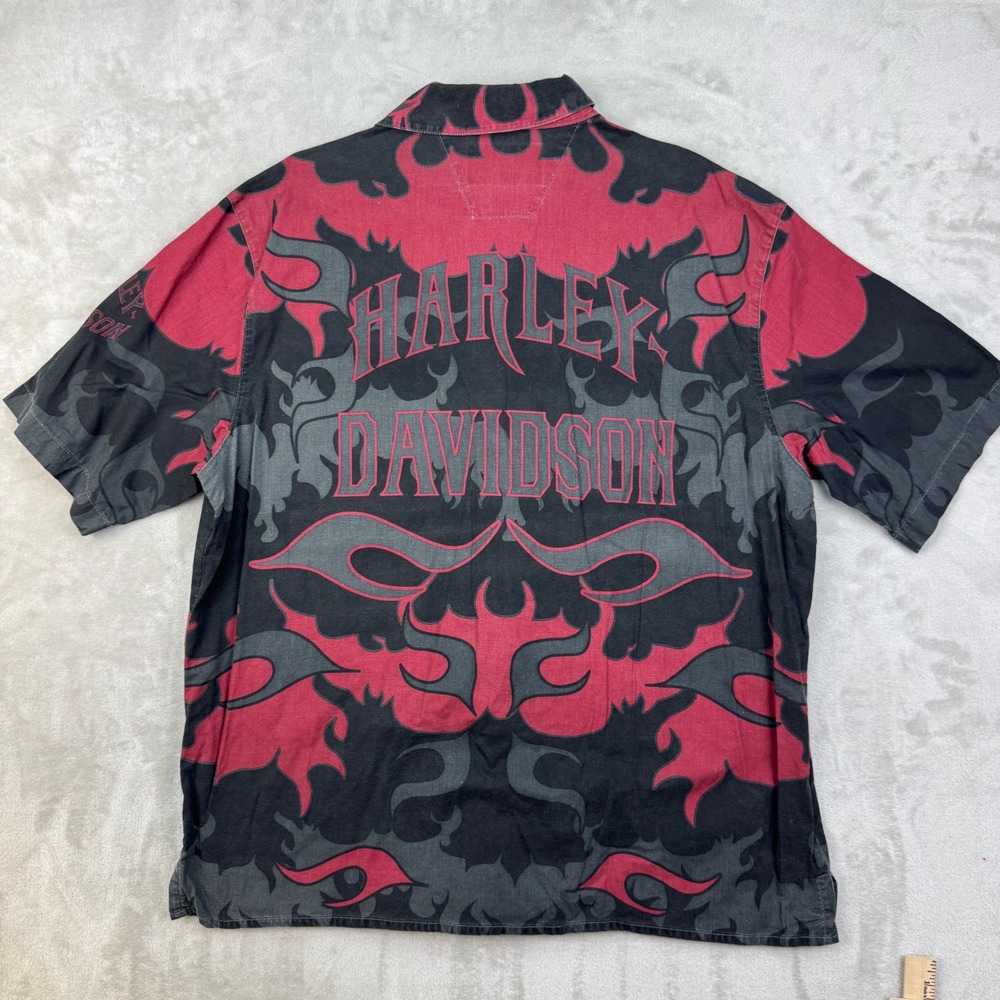 Harley Davidson Shirt Mens XL Red Regular Flame Biker‎ Y2K Button Up Graphic Top
